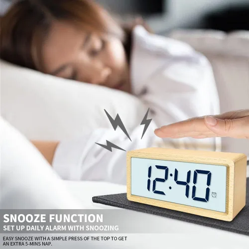 Vista 3 de Everwood - Relojes de alarma digitales grandes de madera para dormitorios con pantalla LCD de números grandes, función de repetición, funciona