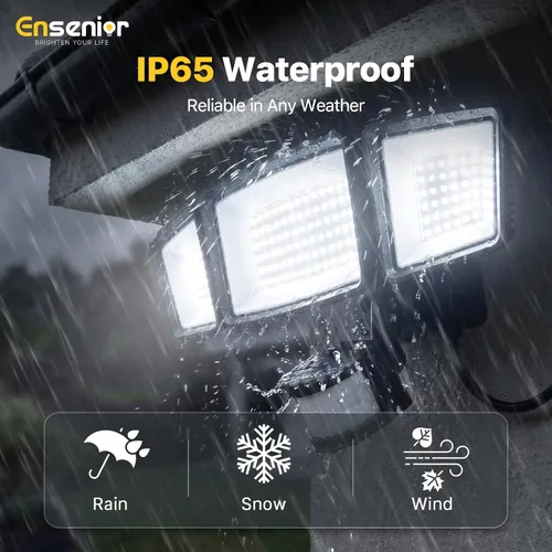 Vista 6 de Ensenior - Luz de seguridad solar con 5 modos de sensor de movimiento, 1800 lm, 270° de ángulo amplio, 3 cabezales de luces LED de inundación