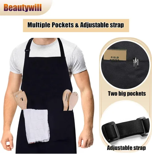 Vista 2 de BeautyWill Delantal personalizado personalizado para hombres y mujeres, delantal de cocina personalizado con bolsillos, nombre, texto, logotipo