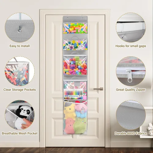 Vista 6 de Woodoulogy Organizador y almacenamiento para colocar sobre la puerta, soporte de juguetes colgante con 4 bolsas extraíbles transparentes, funda