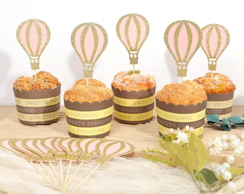 Vista 9 de 12 decoraciones para cupcakes de globo aerostático – Decoración para cupcakes con purpurina, decoración de baby shower, suministros de fiesta