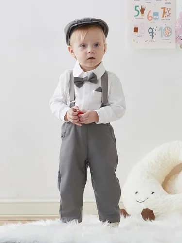 Vista 3 de SALNIER Conjunto de ropa de traje de bebé niño esmoquin trajes de caballero trajes de corbatín camisa tirantes pantalones boina sombrero