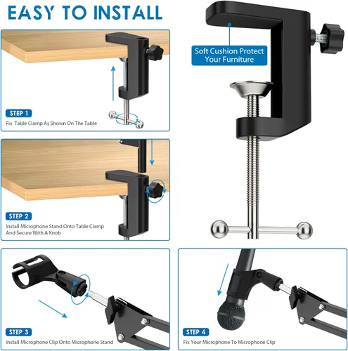 Vista 6 de K KASONIC Soporte para micrófono, soporte de escritorio ajustable para micrófono para brazo articulado de micrófono HyperX para radiodifusión