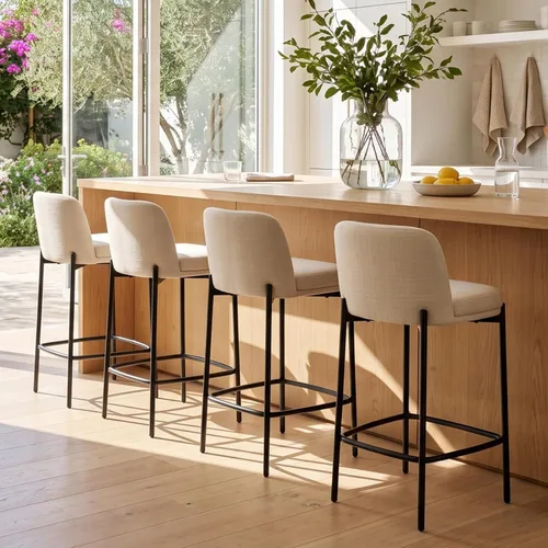 Vista 3 de 26 Inch Counter Height Bar Stools Set of 2, Modern Barstools, Beige Breathable Linen Upholstered Counter Stools, Ergonomic Backrest, Black Metal