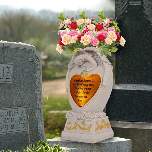 Vista 6 de Decoraciones de cementerio para tumba, ángel de jardín, luces solares, estatua conmemorativa familiar, regalo funerario, jarrón LED, ángel llorando