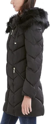 Vista 4 de TAHARI Women's Puffer Jacket with Fur Trim and Chevron