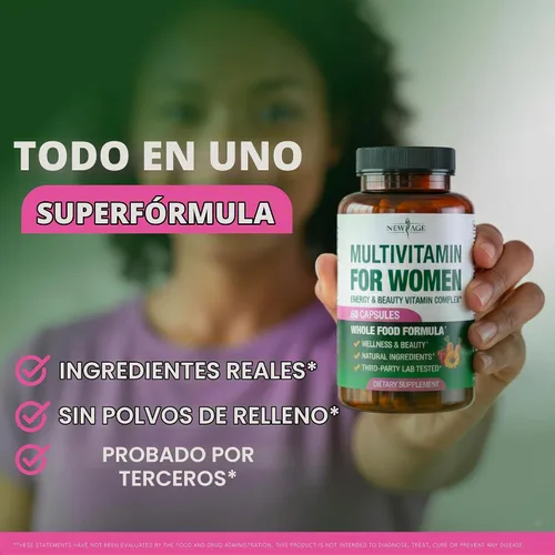 Vista 6 de NEW AGE Multivitamínico para mujer, complejo B, alimentos integrales, soporte para el cabello, hierro, multivitamínico todo en 1 para mujer