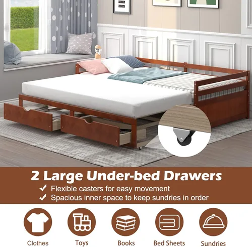 Vista 4 de DORTALA Sofá cama individual a King con nido y 2 cajones de almacenamiento, moderno sofá cama extensible con cama extraíble, sofá cama de doble uso