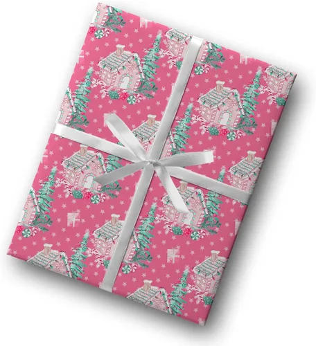 Vista 5 de Hermoso papel de regalo para casa de bastones de caramelo, rosa oscuro, rosa, grueso, papel de regalo de Navidad, turquesa, decoración navideña