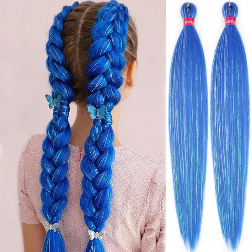 Vista 39 de Cabello trenzado verde con lentejuelas de 26 pulgadas, preestirado, trenzas de textura Yaki, extensiones de cabello pre plumadas, 3 paquetes, fácil