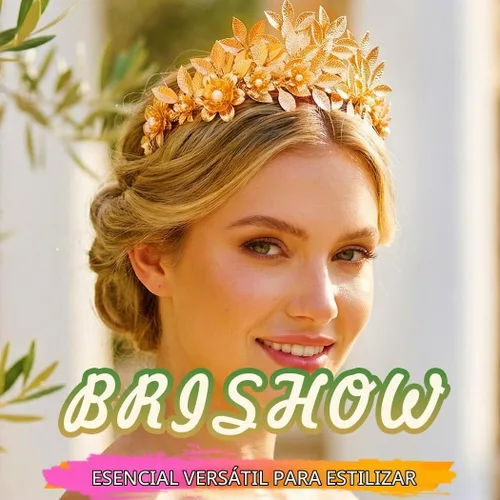 Vista 3 de Brishow Diadema de tiara de hoja dorada, corona de laurel griega con flores de perlas para mujer