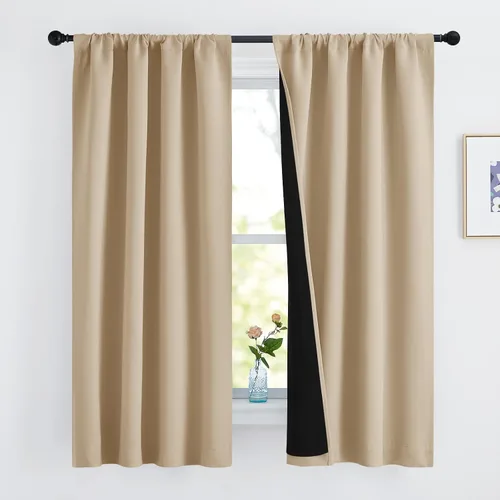 Vista 110 de NICETOWN Biscotti Beige 100% Cortinas opacas de 45" de largo para cocina, bolsillo con varilla para sótano completamente opaco, cortinas térmicas