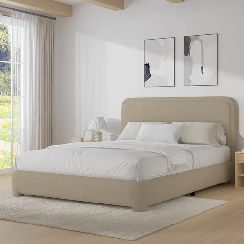 Vista 18 de BarnFurin Base de cama individual con cabecero, cama de plataforma tapizada Cloud Boucle, esquinas redondeadas suaves, no necesita somier, Beige