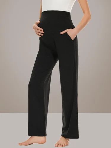 Vista 14 de Ecavus Pantalones de maternidad anchos y rectos para mujer, versátiles, cómodos, palazzo, elásticos, con bolsillos