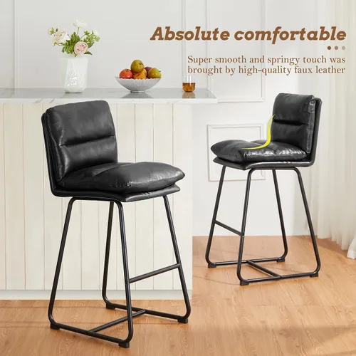 Vista 5 de Glitzhome Juego de mesa y sillas de comedor, mesa redonda de acero negro con parte superior de madera de olmo sólido y taburetes de bar de cuero