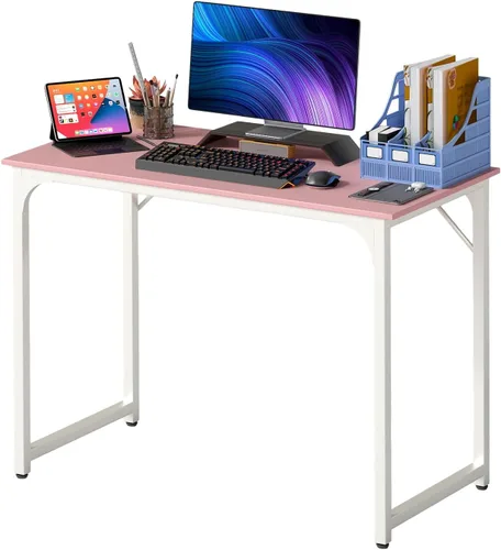 Vista 81 de PayLessHere Escritorio para computadora de 32 pulgadas Negro Escritorio de oficina con marco de metal, pies ajustables Superficie resistente