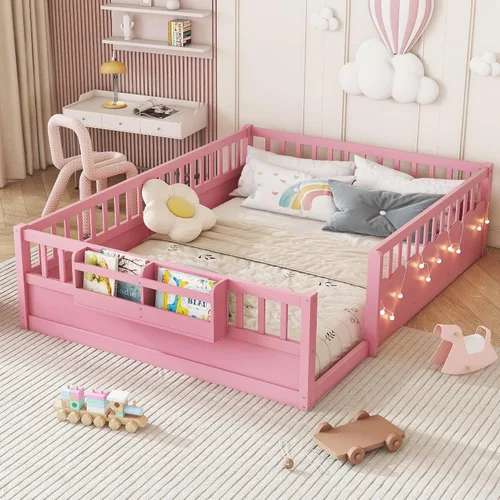 Vista 16 de Cama Montessori de tamaño matrimonial con estantería, luces, listones y Luces grises