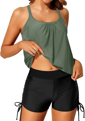 Vista 3 de Yonique Traje de baño tankini de dos piezas con tirantes delgados para mujer con pantalones cortos cruzados