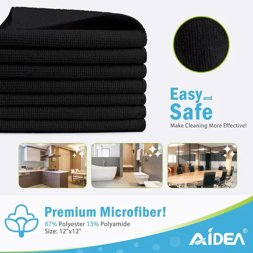 Vista 2 de AIDEA - Paño de limpieza de microfibra negro, 12 unidades, trapos de limpieza absorbentes de 12 x 12 pulgadas Microfiber Towels for Cars Lint Free