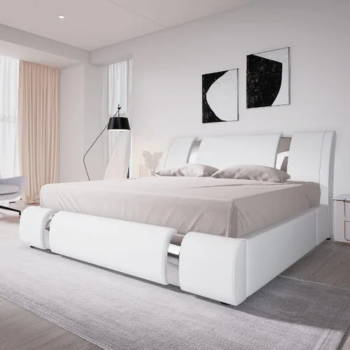Vista 7 de Allewie Base de cama Queen con plataforma con decoración de piezas de hierro, base tapizada con piel sintética, cabecera ajustable y listones