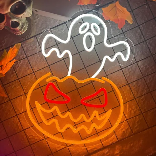 Vista 9 de Letrero de neón de calabaza fantasma de Halloween, cara de fantasma, luz de neón espeluznante de calabaza de neón, letreros LED regulables
