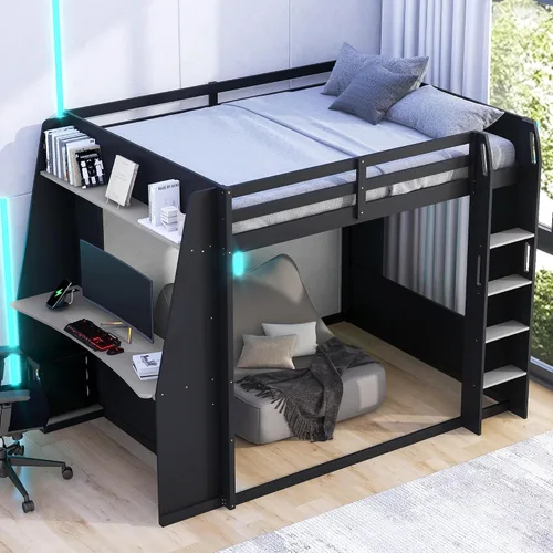 Vista 9 de Polibi Twin Wooden Gaming Bunk Bed with Desk, USB & LED Light
