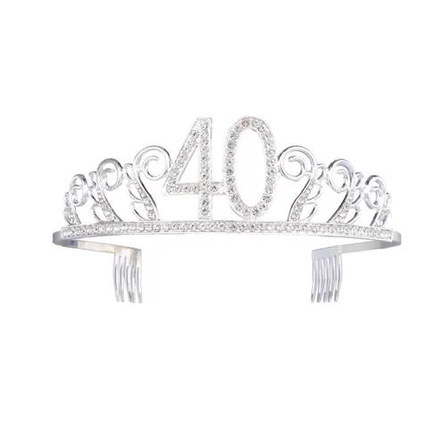 Vista 6 de Frcolor Tiara de cumpleaños, diamantes de imitación 40 cumpleaños coronas feliz 40 cumpleaños