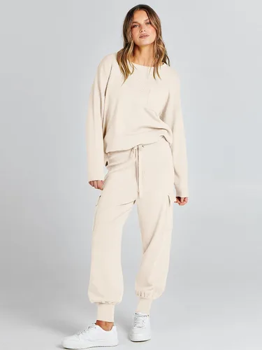 Vista 2 de Caracilia Conjunto de dos piezas para mujer, suéter de punto de manga larga y pantalones deportivos tipo cargo