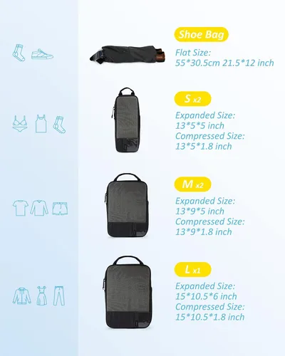 Vista 5 de BAGSMART Juego de 6 cubos de compresión y organizador de artículos electrónicos, estuche de viaje, color negro, BAGSMART Cubos de embalaje
