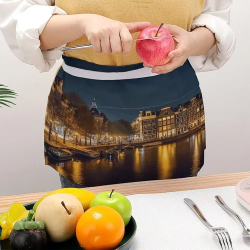 Vista 7 de Amsterdam Night View Print Server Aprons with 3 Pockets, Cute Waist Apron, Waterproof Half Apron for Cooking, Painting, Kitchen Baking, Service