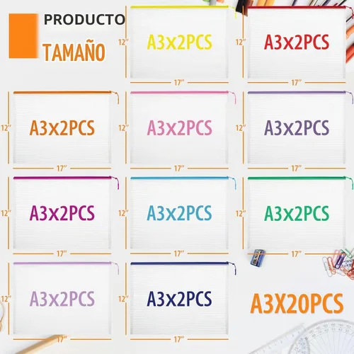 Vista 2 de 20 bolsas de malla con cremallera, bolsas de almacenamiento de rompecabezas, A3 17 x 12 pulgadas, grandes bolsas reutilizables transparentes