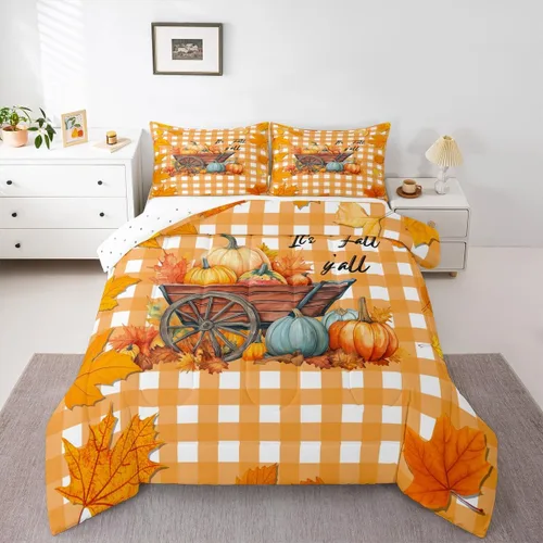 Vista 19 de Juego de edredón de calabaza de otoño, tamaño individual, juego de ropa de cama de hojas de arce para niños y niñas, cosecha de otoño, fruta