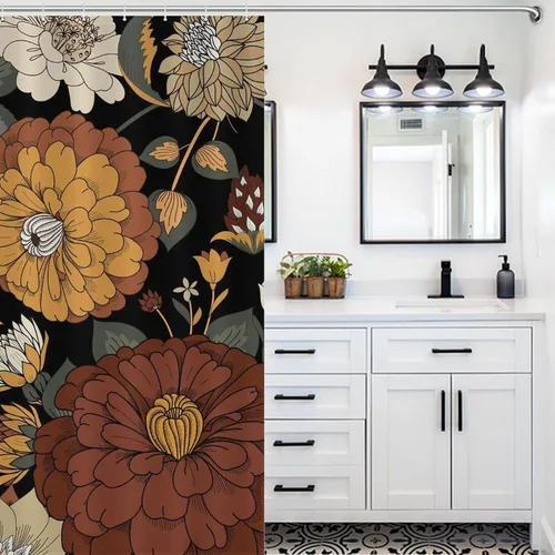 Vista 5 de Cortina de ducha con 12 ganchos para baño, 72 x 72 pulgadas, diseño floral bohemio con hojas tropicales retro y florales (bohemio floral-1)