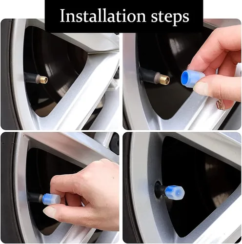 Vista 5 de deemars Tapones universales fluorescentes para válvulas de neumáticos de automóvil, 4 piezas, azul, ABS + material luminoso, compatible