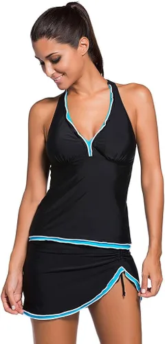 Vista 5 de Dreamsoar Traje de baño tankini con espalda cruzada para mujer, con control de abdomen, dos piezas, estampado floral, Negro