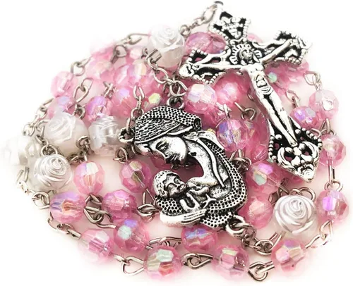 Vista 4 de Juego de rosario y rosario de corte de cristal rosa madre María, rosario católico, rosarios católicos para mujer, regalos católicos para mujer