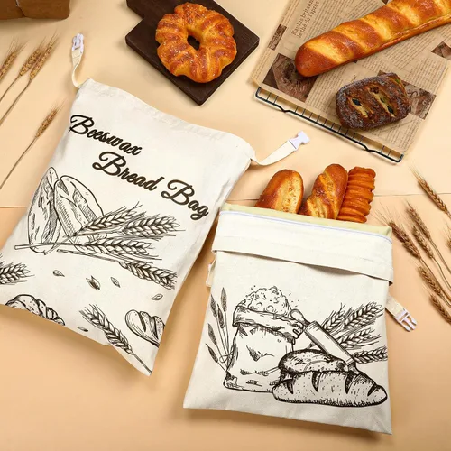 Vista 3 de Augshy Paquete de 2 bolsas de pan de cera de abeja para pan casero de 17 x 13 pulgadas, bolsas de pan reutilizables de masa madre con asa
