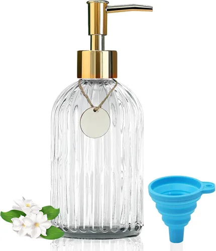 Vista 13 de Dispensador de jabón de vidrio pequeño de 12 onzas con bomba de plástico negro, dispensador de jabón líquido para encimera de cocina recargable Verde