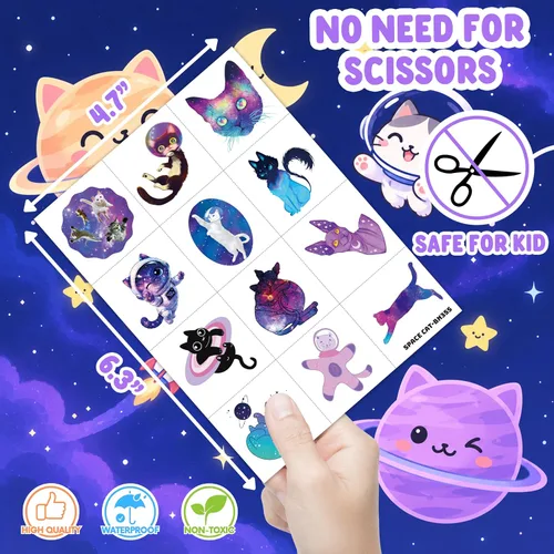 Vista 4 de 60 PCS Space Cat Temporary Tattoos Pre-Cut for Kids Girls Boys