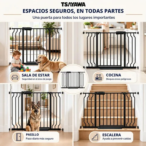 Vista 9 de Puerta para bebé extra ancha con puerta, 52.76 ~ 62.2 pulgadas de ancho, montada a presión, sin taladro, puerta de metal con cierre automático