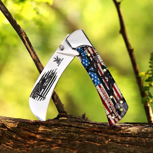 Vista 16 de Hawkbill, cuchillo de bolsillo plegable con hoja de acero, herramientas de utilidad Lineman, mango G10 negro y verde.