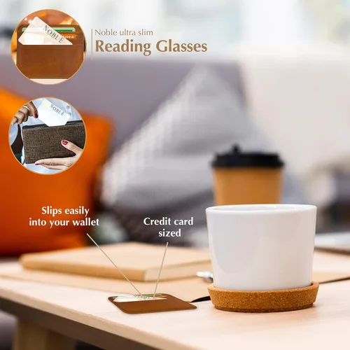 Vista 7 de Noble - Gafas de lectura pequeñas (paquete de 3) – Lectores sin montura con 3 portatarjetas de crédito y 1 funda para teléfono celular – Trucos
