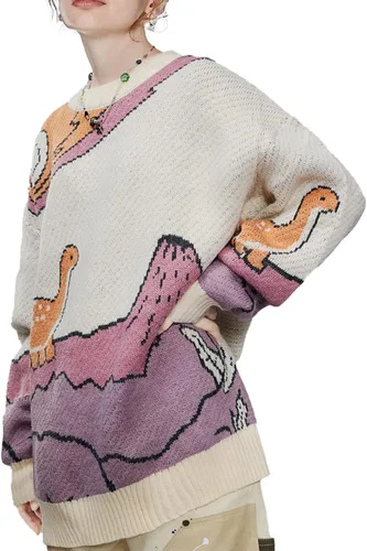 Vista 2 de Aelfric Eden Suéteres gráficos de Navidad, con diseño de dinosaurio, lindo suéter vintage de gran tamaño con cuello redondo de punto, Beige