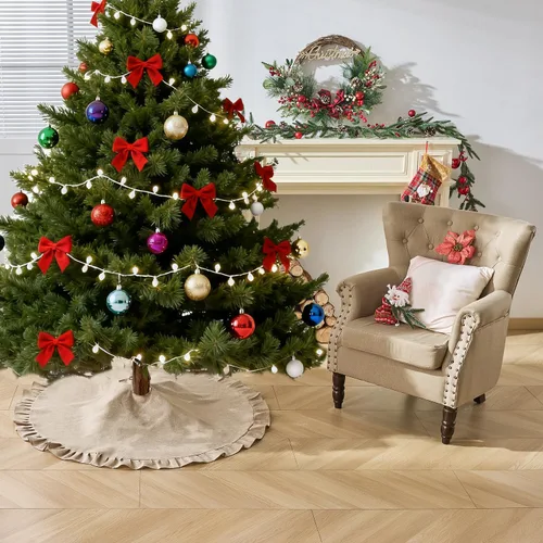 Vista 51 de ORTIGIA Falda blanca para árbol de Navidad de 48 pulgadas con POM POM, falda de árbol de Navidad de felpa suave de piel sintética blanca para árbol