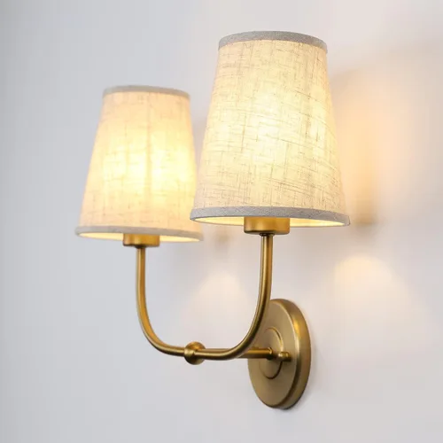 Vista 8 de Apliques de pared de 2 luces con embudo de tela de lino, lámparas de pared de doble luz para dormitorio, sala de estar, tocador, baño, pasillo