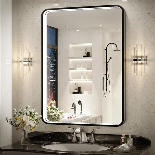 Vista 23 de Espejo Redondo Retroiluminado LED de 32 Pulgadas para Tocador, Espejo de Baño Iluminado Regulable 6000K Montado en Pared con Luces, Antivaho