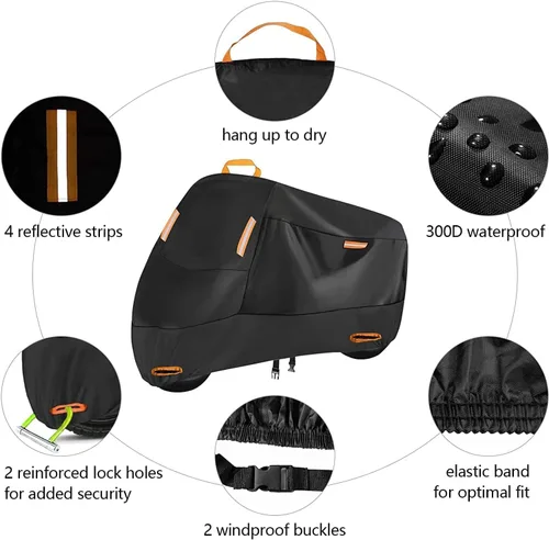 Vista 4 de Funda impermeable para 1 bicicleta, 300D Oxford, agujeros de bloqueo, hebillas reflectantes, resistentes al viento, lona de bicicleta para bicicleta