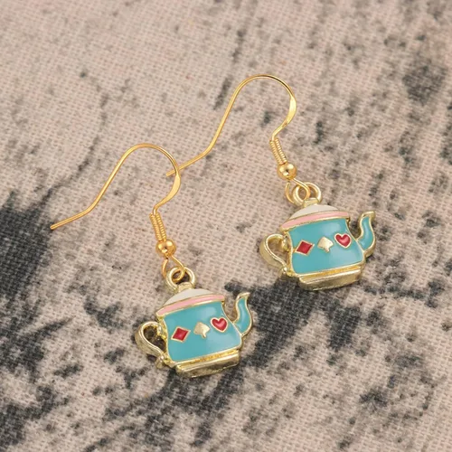 Vista 6 de Regalos temáticos de tetera para mujer, aretes de Wonder Land, mini tetera ornamental, tetera de burbujas, aretes de tetera verde, Acero inoxidable