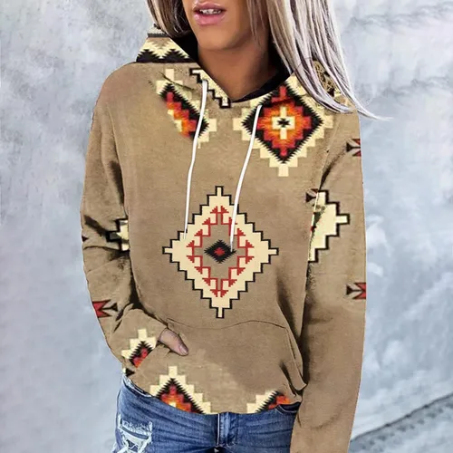 Vista 3 de Sudaderas con capucha estilo azteca occidental para mujer, estilo étnico, vintage, de manga larga, con capucha, 2023