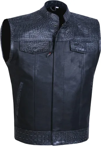 Vista 14 de SOA - Chaleco de motocicleta para hombre, piel de búfalo de alta calidad, armadura trasera, bolsillos interiores, chalecos de club de motociclista
